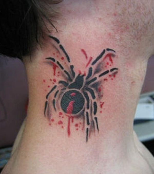 Red And Black Spider Tattoo On Neck