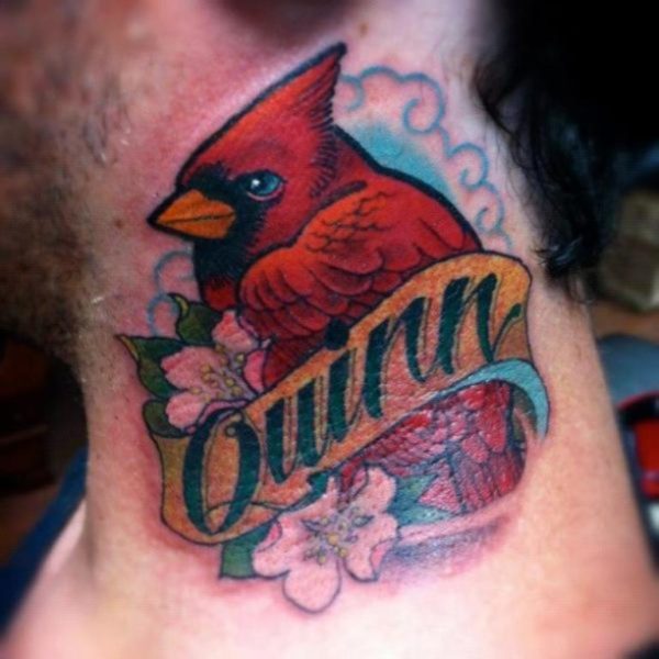 Red Bird With Letter Tattoo On Neck