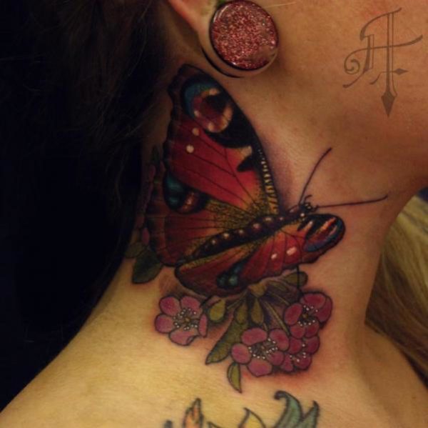 Red Butterfly On Flower Neck Tattoo