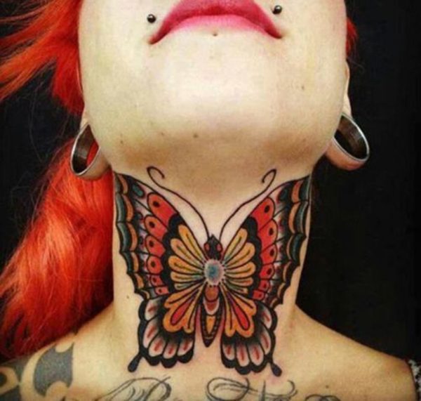 Red Butterfly Tattoo On Neck