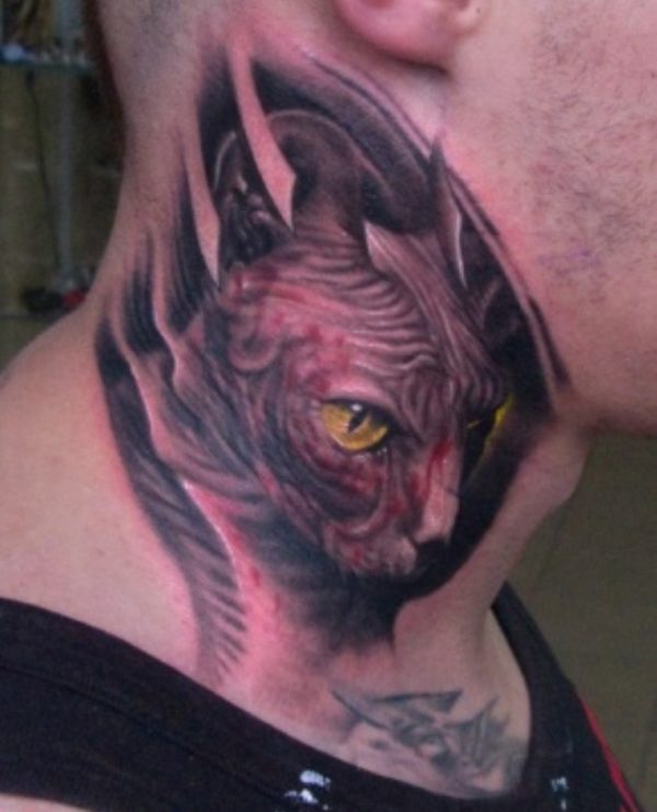 Red Colored Cat Tattoo On Neck