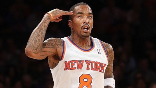Red Colored Jr Smith Neck Tattoo