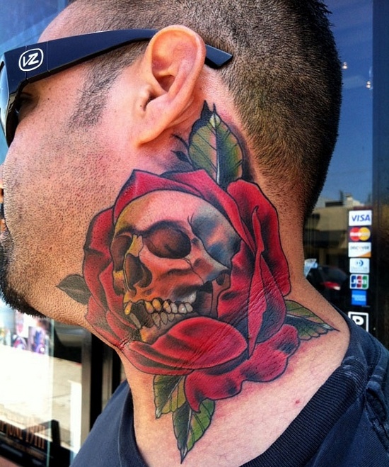Red Colored Rose And Skull Tattoo On Neck