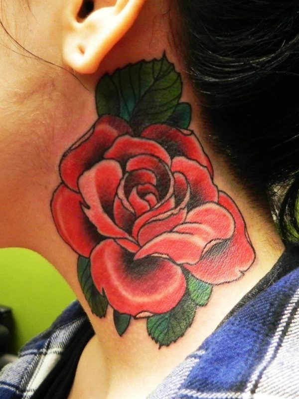 Red Colored Rose Tattoo On Neck
