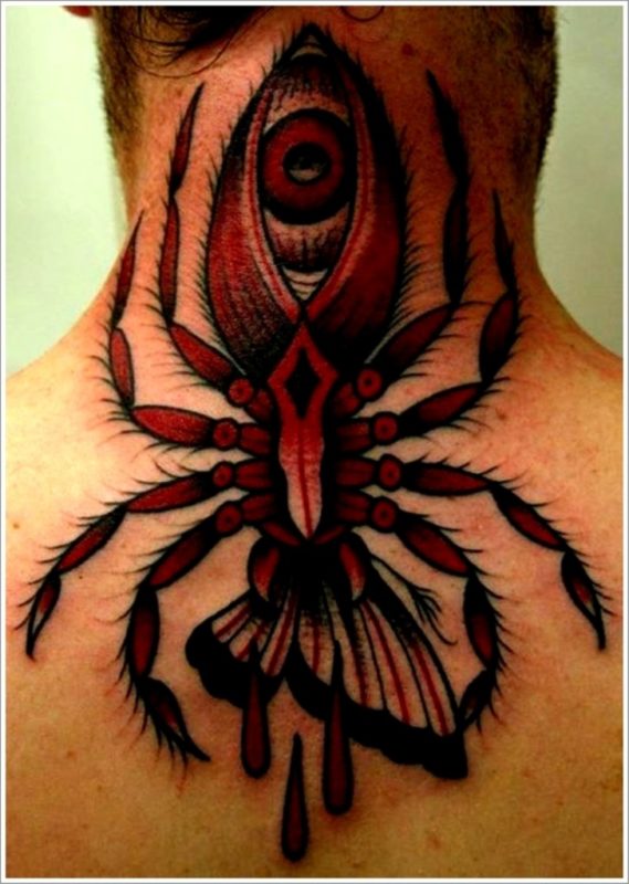 Red Colored Spider Neck Tattoo