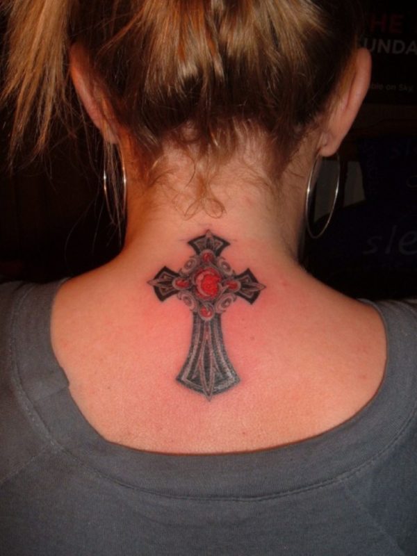 Red Cross Tattoo On Neck