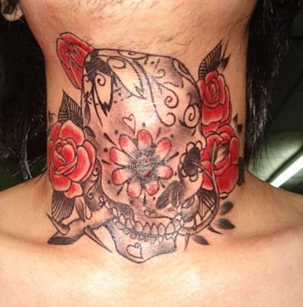 Red Flowers And Skull  Neck Tattoo