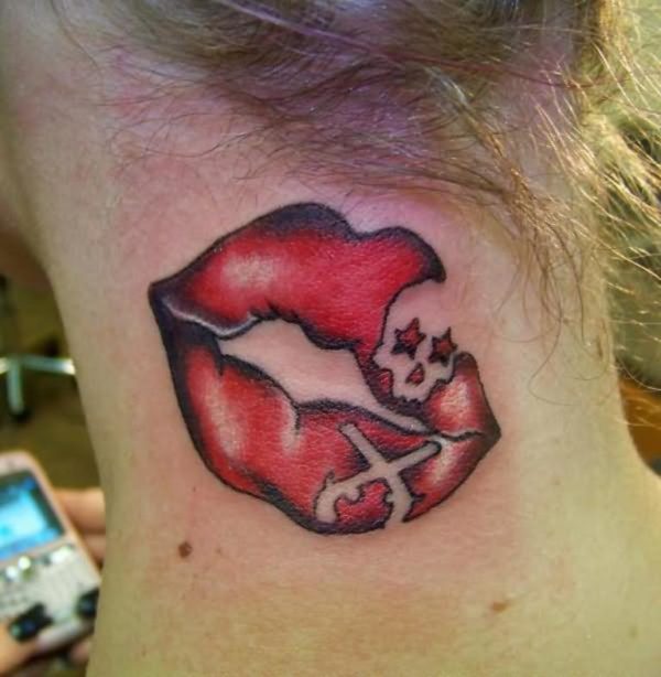 Red Ink Kiss Mark Tattoo