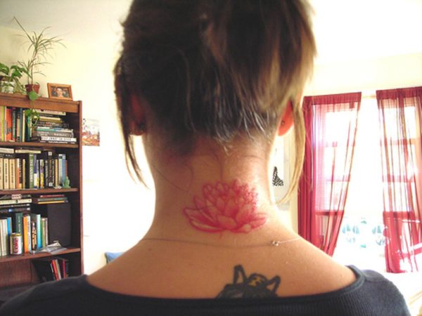 Red Lotus Flower Neck Tattoo