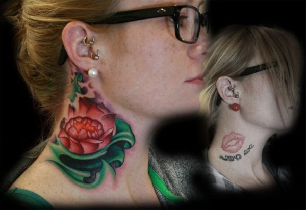 Red Lotus Flower Tattoo On Right Neck