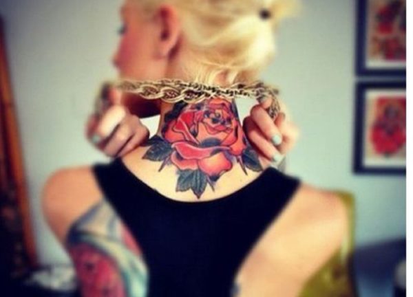 Red Rose Tattoo On Neck Back