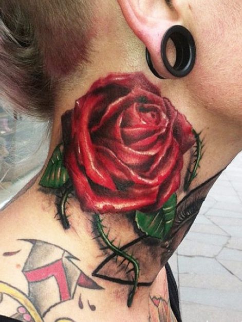 Red Rose Tattoo On Neck