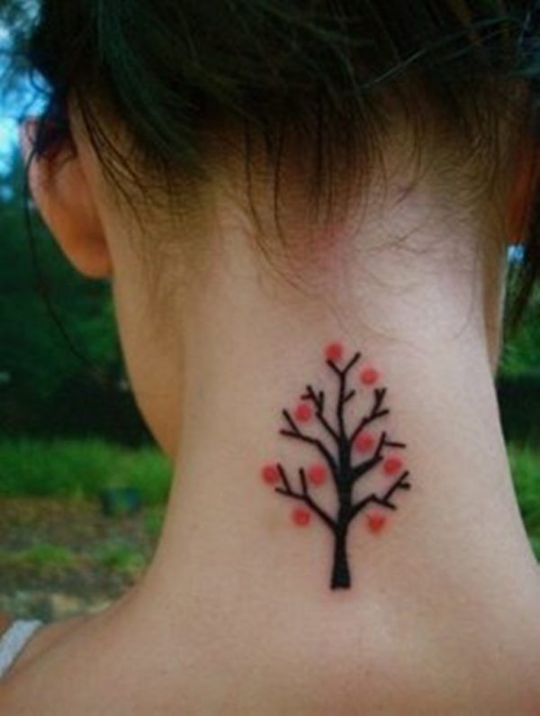 Red Tree Tattoo On Neck