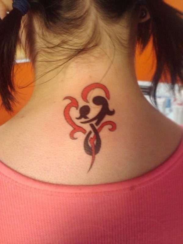 Red Tribal Tattoo On Neck