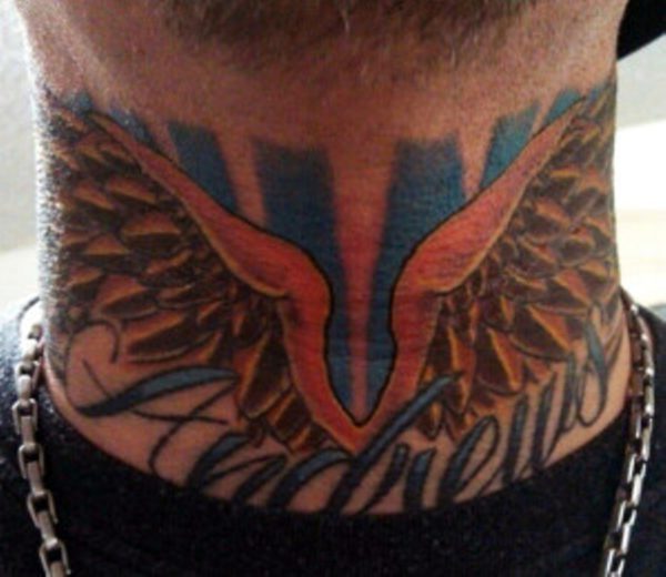 Red Wing Tattoo On Back Neck 