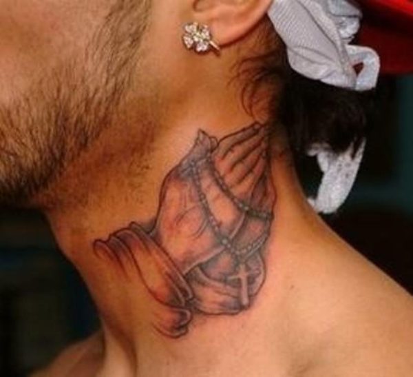 Religious Praying Hands Tattoo On Neck