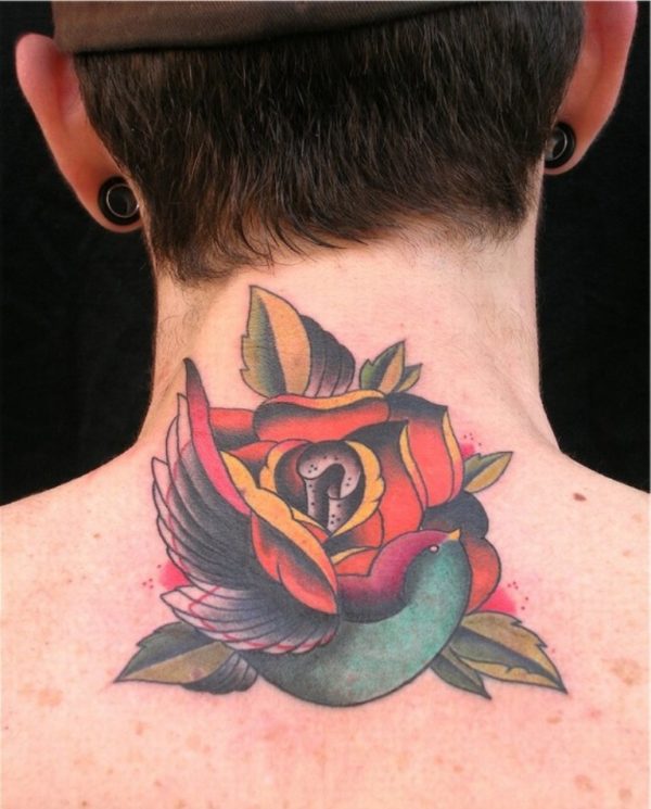 Rose And Bird Tattoo On Neck