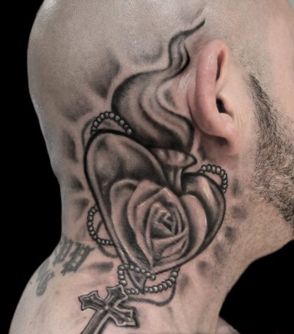 Rose And Cross Tattoo On Neck