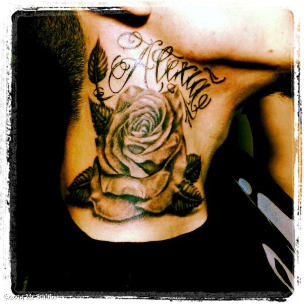 Rose And Name Tattoo On Neck