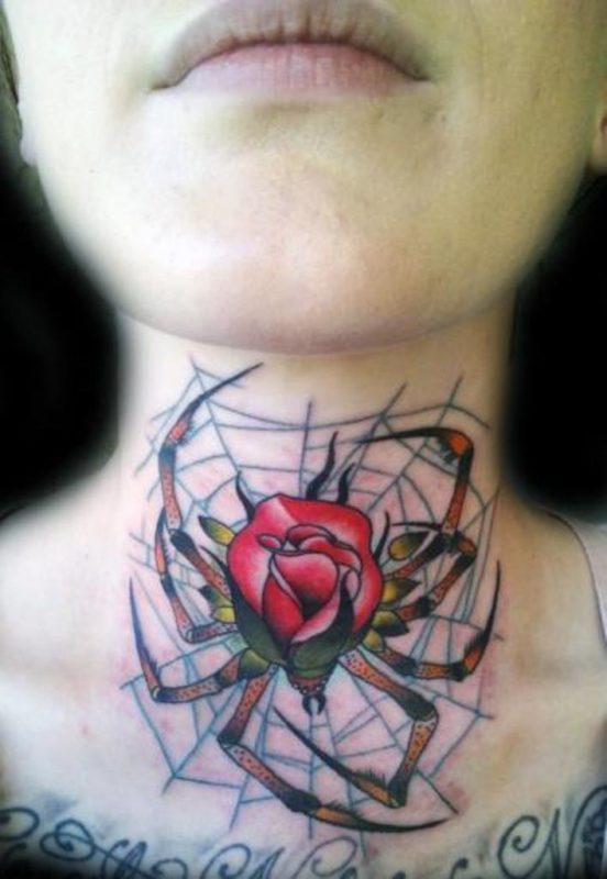 Rose And Spider Tattoo On Neck