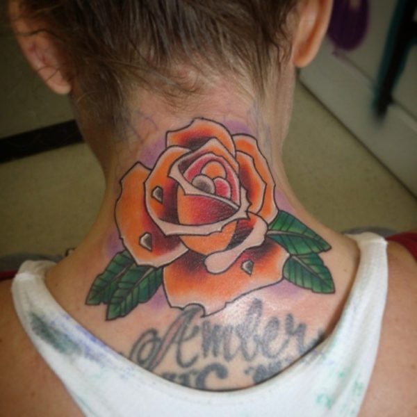 Rose And Words Tattoo On Neck