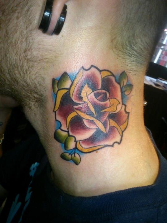 Rose With Leaves Tattoo On Neck
