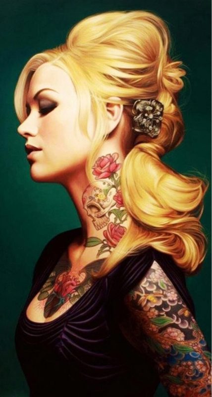 Roses And Skull Tattoo On Neck 