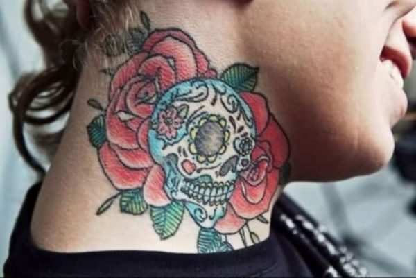 Roses And Skull Tattoo On Neck