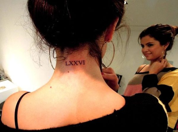 Selena Gomez  Roman Numeral Tattoo On Neck