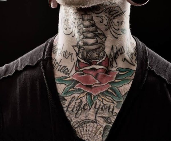 Ship And Rose Tattoo On Neck