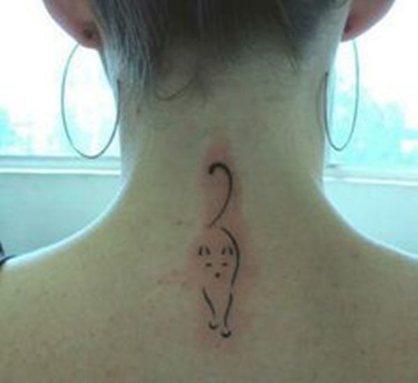 Simple Cat Tattoo On Neck Back