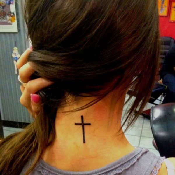 Simple Cross Neck Back Tattoo