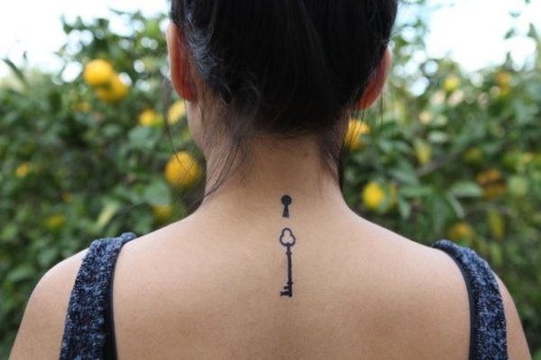 Simple Key Lock Tattoo On Neck