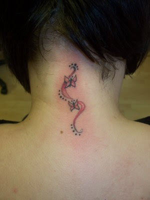 Simple Red Tribal Tattoo On Neck Back