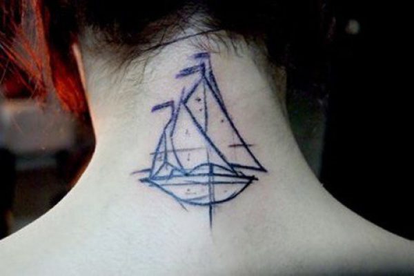Simple Ship Tattoo On Neck