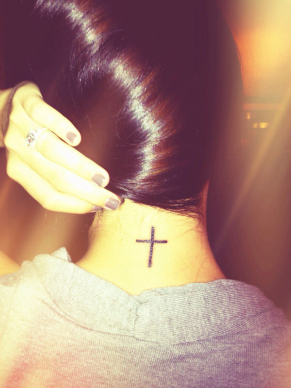 Simple Small Cross Tattoo On Neck