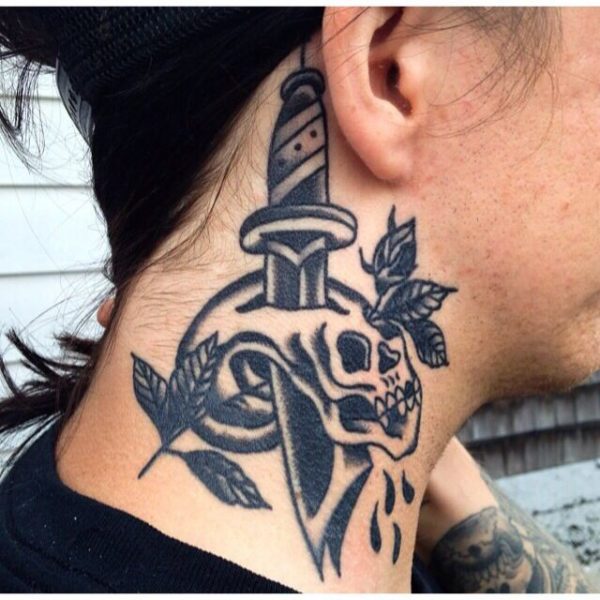 Skull And Dagger Neck Tattoo