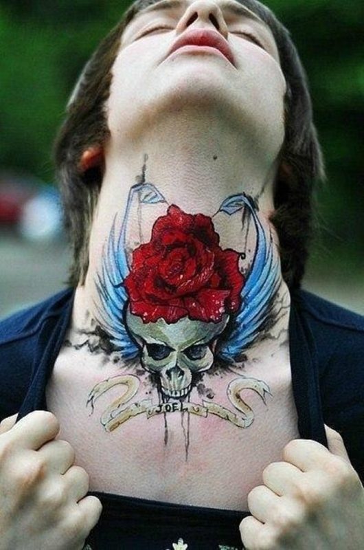 Skull And Red Rose Tattoo For Men