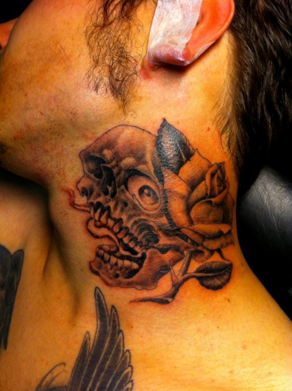 Skull And Rose Flower Tattoo on Neck