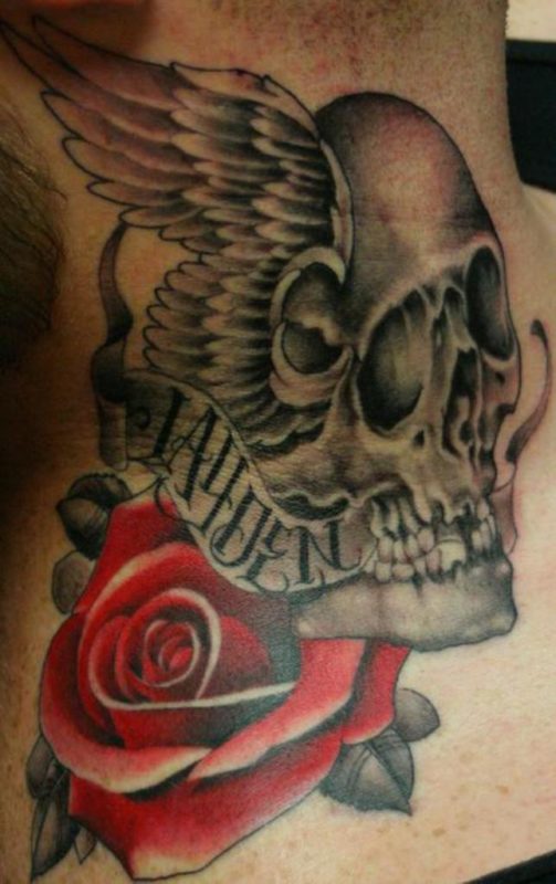 Skull And Rose Neck Tattoo