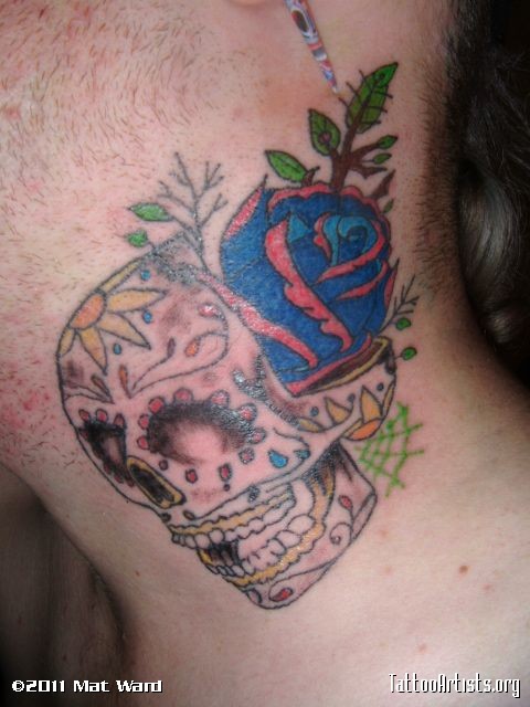 Skull And Rose Tattoo On Neck