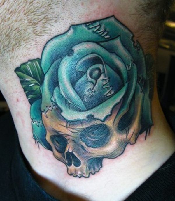 Skull Blue Rose Neck Tattoo