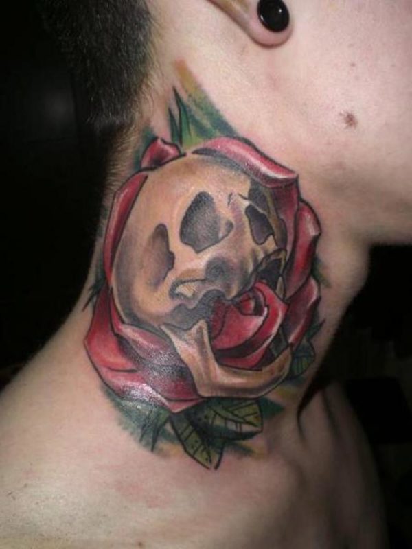 Skull In Rose Neck Tattoo