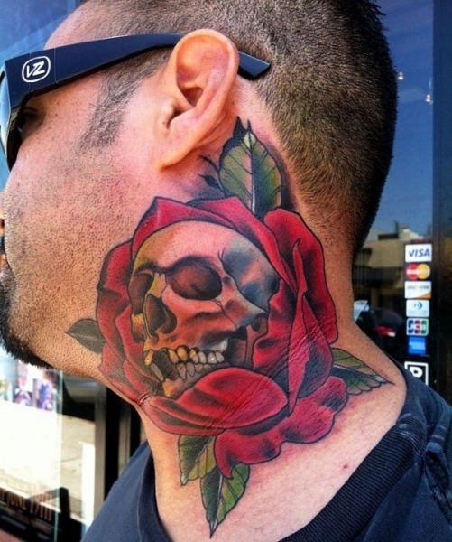 Skull Rose Tattoo On Neck