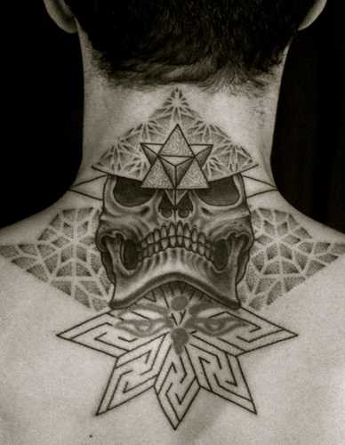 Skull With Star Tattoo On Neck