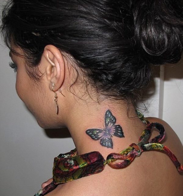 Small Butterfly Tattoo On Side Neck