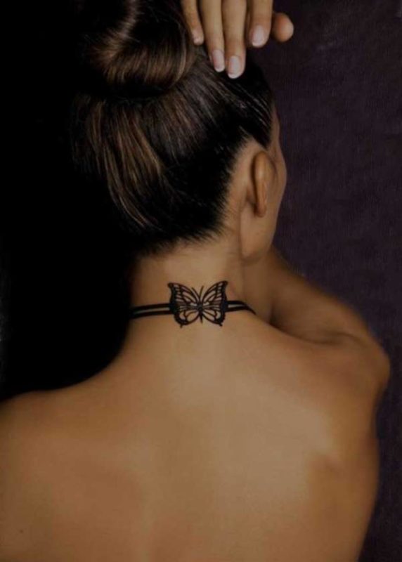 Small Butterfly Wings Tattoo On Neck Back
