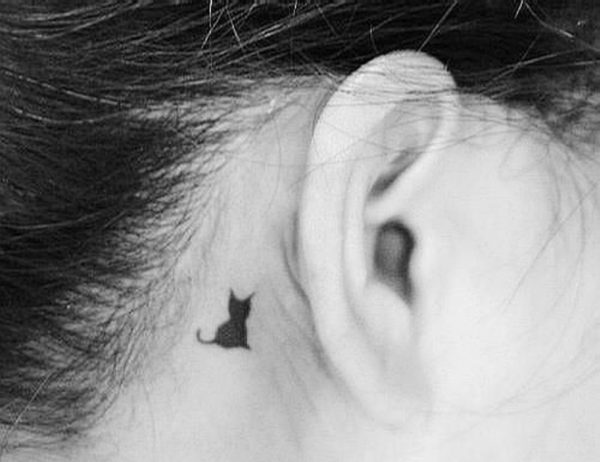 Small Cat Tattoo On Neck Behind Ear