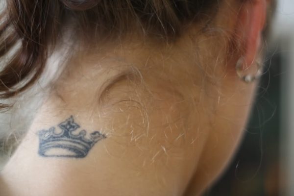 Small Queen Crown Tattoo On Neck Back