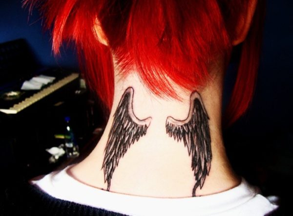 Small Wings Tattoo On Back Neck